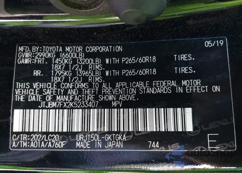 2019 Lexus Gx 460 from USA, damaged, VIN JTJBM7FX2K5233407